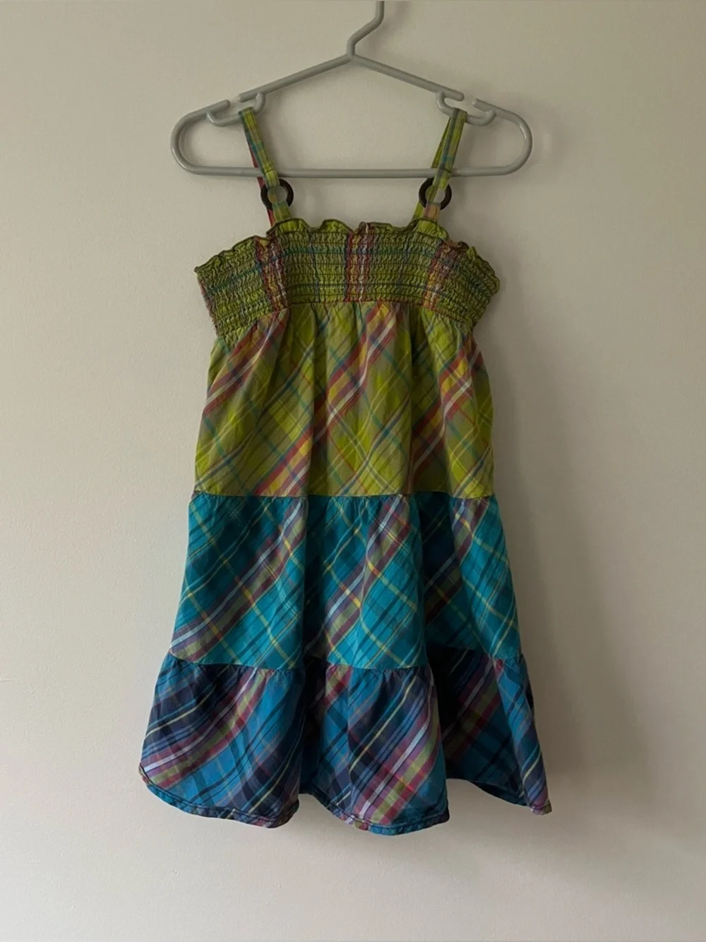 Girls Smocked Tiered Sun Dress 4T The Children's Place Green Plaid Boho